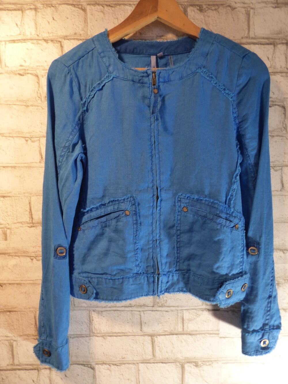 Michael Stars Cropped Linen Moto Jacket Blue Blazer XS NEW